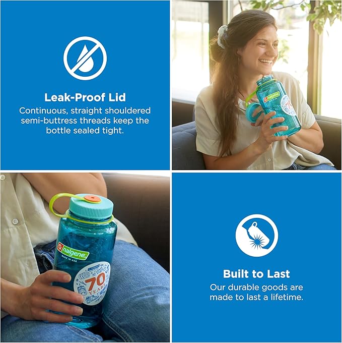 Nalgene 32 oz Wide Mouth Water Bottle, Cerulean | BPA-Free, Durable & Lightweight, Leak Proof, Dishwasher Safe, Large Reusable Plastic Bottle for Hiking, Gym, Work & Travel