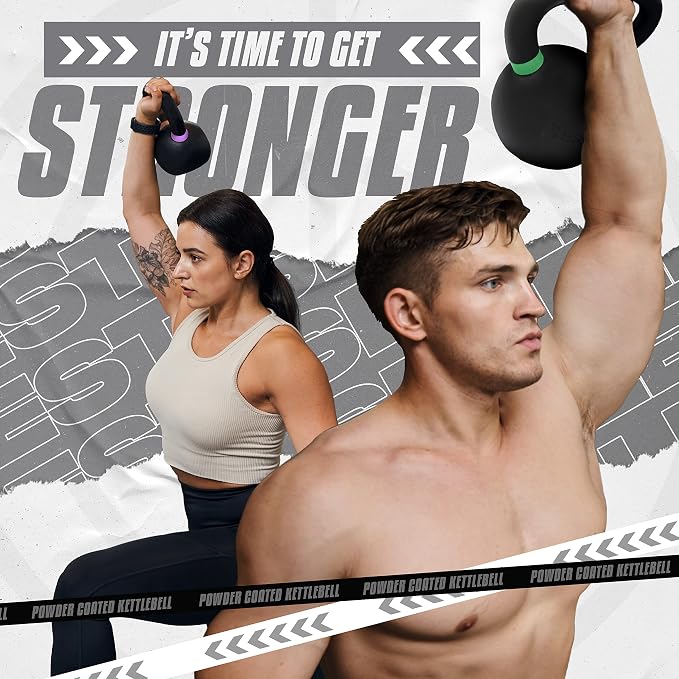 Yes4All Powder Coated Kettlebell, Cast Iron Core Kettlebells with Non-Slip Handle & Flat Bottom for Conditioning, Heavy Duty for Strength Training, 9lb to 71lb - Single & Pair