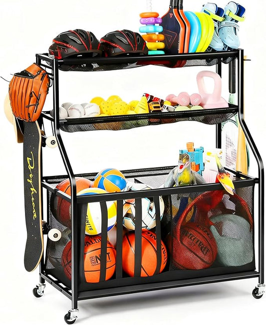 Kinghouse Garage Balls and Toy Organization, with 37 Gal Ball Storage Bin | Sports Rack with Hooks, Elastic Straps Storage for Basketball, Soccer, Tennis, Stick, Racket, Nerf Gun, Toy, Indoor, Outdoor