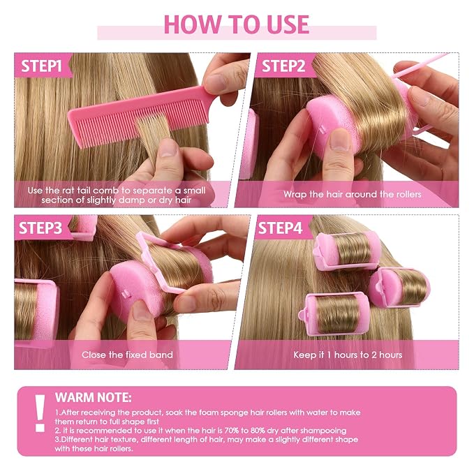 Syhood 48 Pcs Foam Hair Rollers for Overnight Styling Flexible Sponge Heatless Curlers and Rat Tail Comb for Short/long Hairs Women Hairdressing Styling(Pink,1.57 inch)
