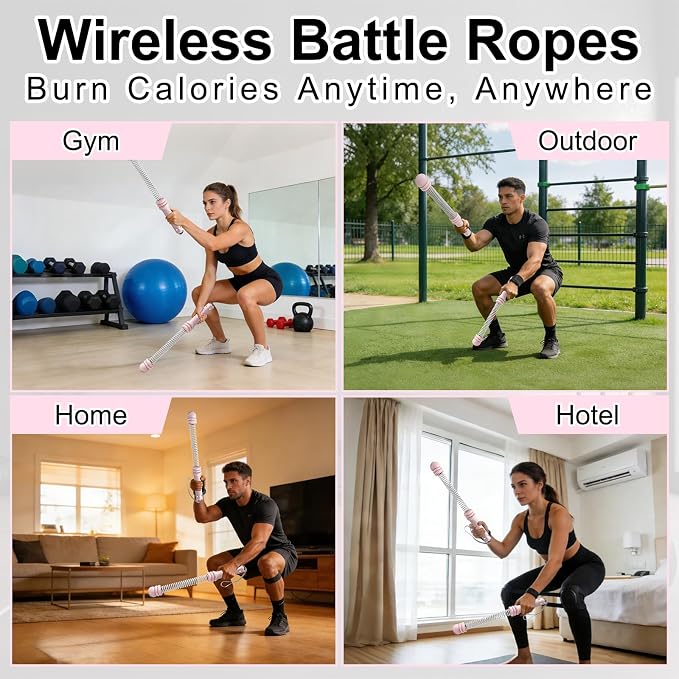 2PCS Weighted Ropeless Battle Ropes for Home Gym for Men & Women, Heavy Duty Cordless Battle Rope with Storage Bag, Strength & Low-Impact Cardio for HIIT Workouts, Cardio & Muscle Training-Pink