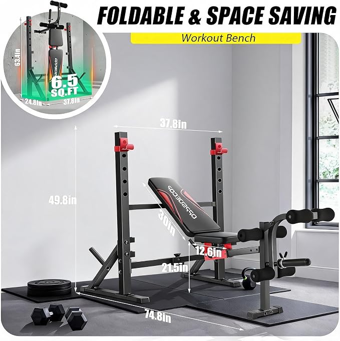 OPPSDECOR Adjustable Olympic Weight Bench with Rack & Leg Curl Sliding Seat | Fits Up to 6'4" 900LBS Heavy Duty Foldable Bench Press Set for Home Gym Flat Incline Decline Workout Bench for Tall People