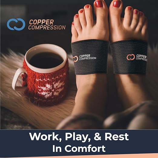 Copper Compression Arch Support Sleeves. Targeted Compression for Plantar Fasciitis Symptoms, Pain, Flat Feet & High Arches. Breathable Support for Men & Women - Black