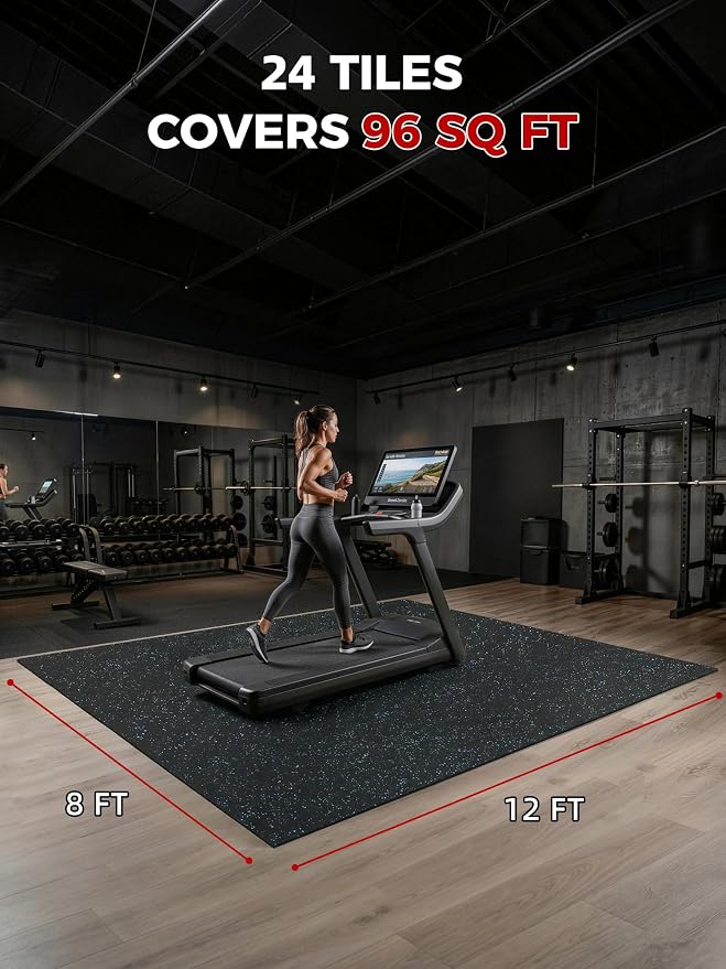 0.56" Rubber Top Gym Flooring, 24 Tiles 96 Sq Ft Heavy Duty Interlocking Gym Mats for Home Gym, Non-Slip High Density EVA Foam Workout Mat, Protect Floors from Weights, 24x24in, Black/Blue
