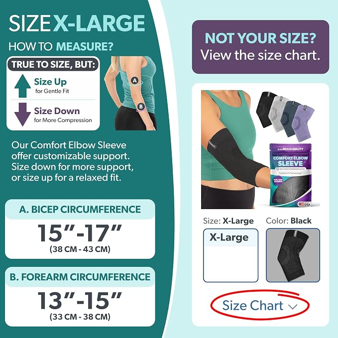 BraceAbility Elbow Compression Sleeve for Bursitis - Olecranon Elbow Brace for Tendonitis, Tennis Elbow, Golfers Elbow, Arthritis, Joint Pain Relief, Arm Support Sleeve for Men and Women (XL - Black)