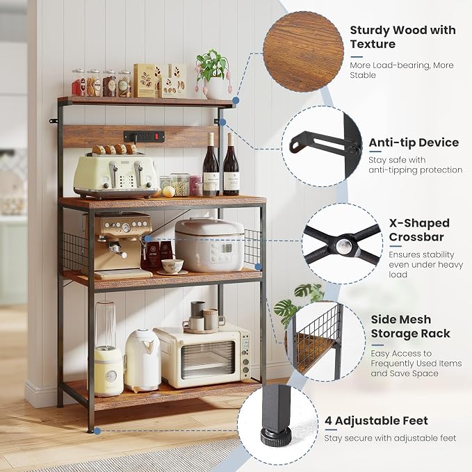DUMOS 31.5" Bakers Rack with Power Outlet for Kitchen Organization | Microwave Stand with 3 AC Outlets, On/Off Switch and 6.5ft Power Cord, 3 Open Tiers and Adjustable Middle Shelf, Brown