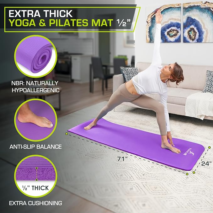 ProsourceFit Extra Thick Yoga and Pilates Mat 1/2” (13mm) or 1" (25mm), 71-inch Long High Density Exercise Mat with Comfort Foam and Carrying Strap