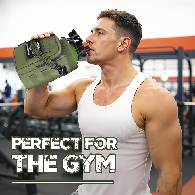 NATURE PIONEOR 64 oz Tactical Water Bottle with MOLLE Bottle Pouch & 3 Lids | 18/8 Food-grade Stainless Steel, Double Vacuum Insulation, 3 Leak-proof Lids, Handle, Strap, Camping, Hiking, Gym, Work