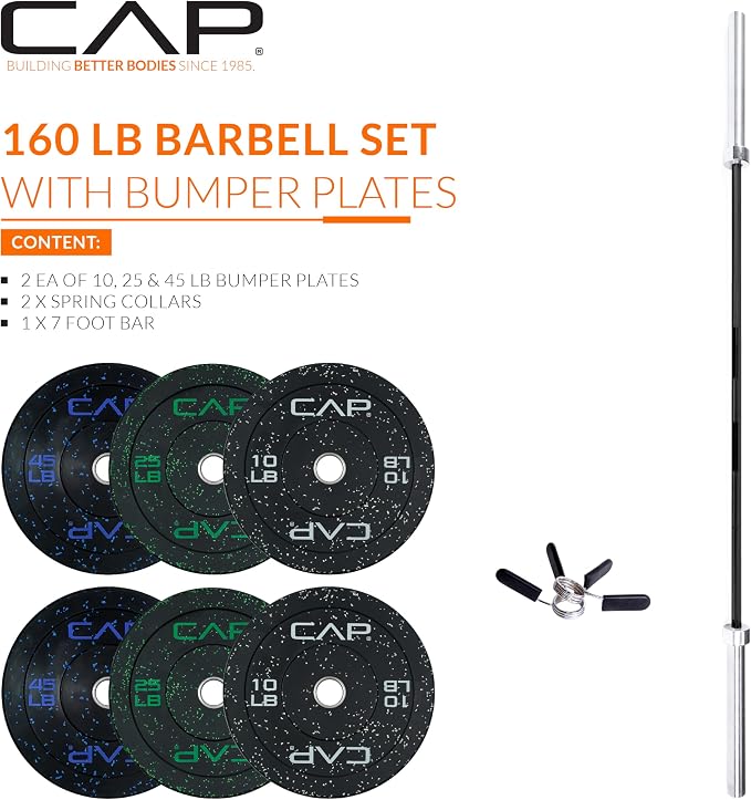 CAP Barbell Olympic Weight Set with 7ft Barbell & Bumper Plates | 160-370 lbs | Multiple Options