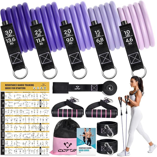 Resistance Bands with Handles for Women, 5 Level Exercise Bands | Workout Bands for Physical Therapy, Yoga, Pilates, Door Anchor, Storage Pouch, Training Poster