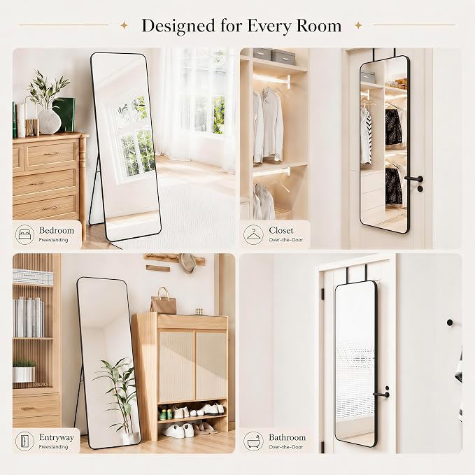SCWF-GZ 57x20 Full Length Mirror Over The Door Hanging, Floor Stand/Wall Mounted Aluminum Alloy Frame Dressing Mirror for Bedroom Living Room 57 inch Black
