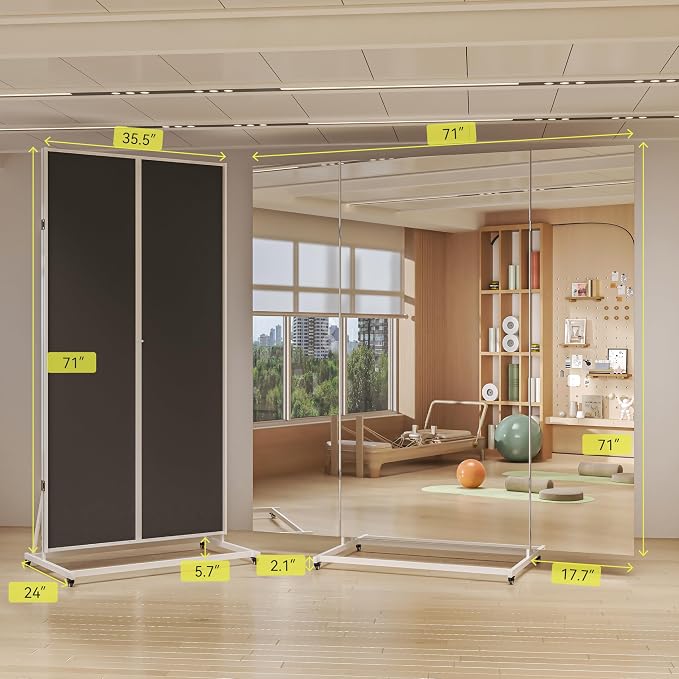 Hasipu 71"×71" Large Tri-Fold Full Length Mirror on Wheels | Tempered glass & metal frame, 4 lockable casters, detachable stand, ideal for gym, dance studio, fitness room & home.