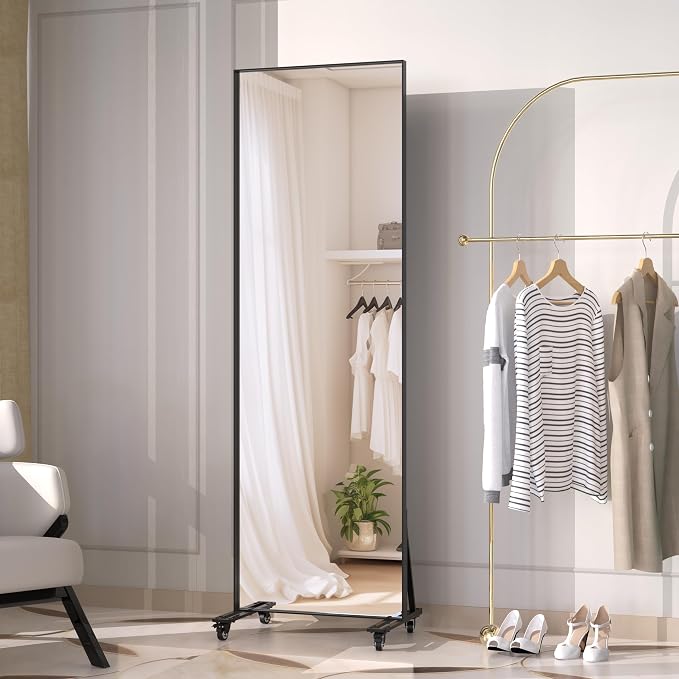 ANYHI Full Length Mirror on Wheels, 360° Swivel Full Body Rolling Mirror | 23.6"X74.5" Workout Mirror, HD Glass, Sturdy Metal Frame, Smooth Rolling Casters, Ideal For Gym, Bedroom, Dance Studio & Yoga