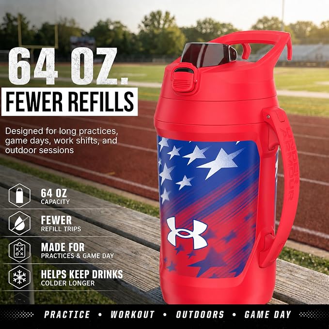 Under Armour Insulated Water Bottle with Handle & Fence Hook, Half Gallon Sports Water Jug, Leak-Resistant & BPA-Free for Baseball, Football & Gym - Red Americana, 64oz
