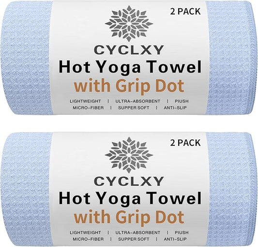 2 Pack Hot Yoga Towel with Grip Dot，Stickyfiber Yoga Mat Towels Non Slip for Hot Yoga,Absorbent Microfiber Sweat Anti-Slip Cover,Bikram,Pilates,Exercise