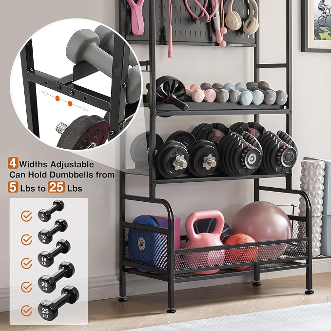Lauren&Harold 56'' Taller Home Gym Storage Organizer with Hanging Board | Yoga Mat Storage Rack Exercise Workout Equipment Storage Stand with Hooks , Dumbbell Holder Kettlebell Rack with Wheels/Feets