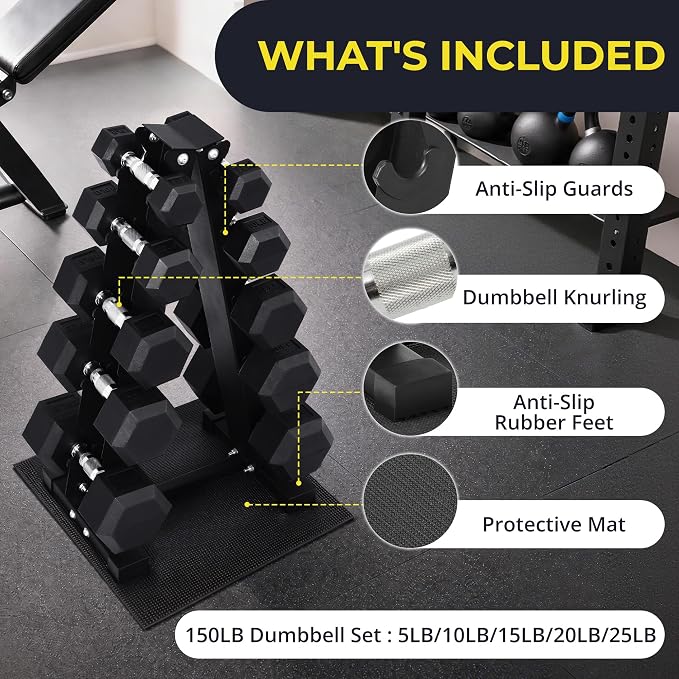 HulkFit 160-550LB Rubber Hex Dumbbell Set with Storage Rack, Solid Cast Iron Dumbbells for Full Body, Anti-Slip Grip, Weights Dumbbells Set for Home Gym Training