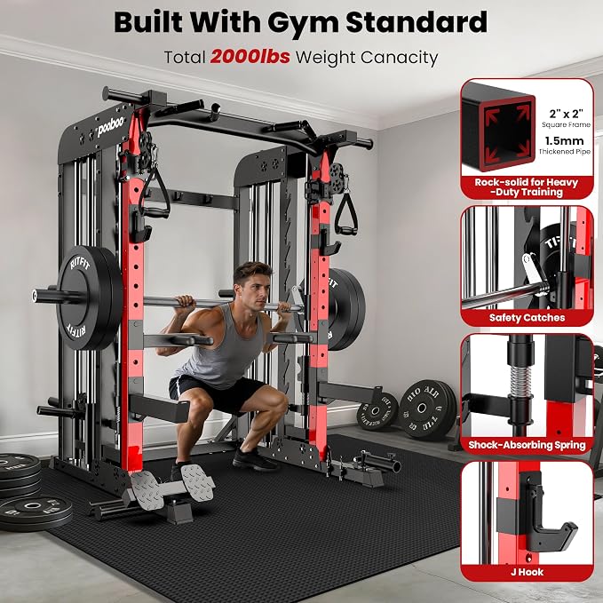 pooboo Multi-Functional Machine Power Cage, 2000LB Squat Rack, LAT-Pull Down System, Dual Pulley Cable Crossover System, Home Gym Workout Machine with Strength Training Attachments