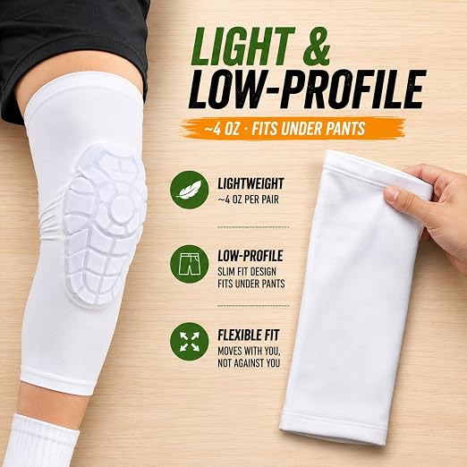 AceList Kids Knee Pads for Youth Ages 4-15, Honeycomb Padded Knee Sleeves for Basketball Baseball Football Volleyball Wrestling Cycling, Anti-Slip Stay-Up Protective Gear, 1 Pair (Size M White)