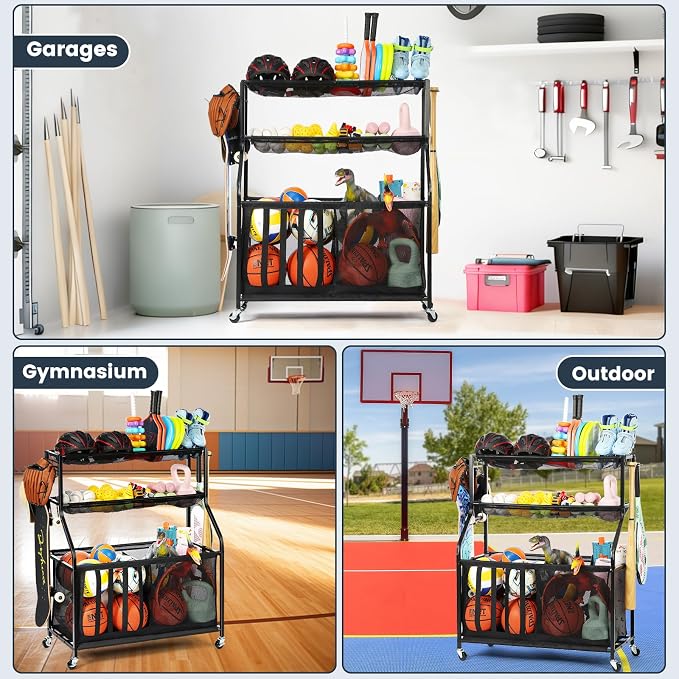 Kinghouse Garage Balls and Toy Organization, with 37 Gal Ball Storage Bin | Sports Rack with Hooks, Elastic Straps Storage for Basketball, Soccer, Tennis, Stick, Racket, Nerf Gun, Toy, Indoor, Outdoor