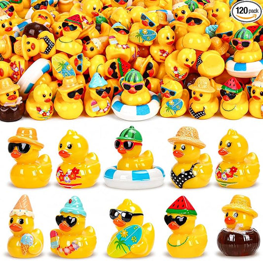 120 Pcs Summer Mini Resin Ducks 10 Beach Vacation Styles Tiny Cruise Ducks to Hide Miniature Hawaii Duck Figurines for Pool Party Favors DIY Crafts Cake Toppers Fairy Garden Aquarium Desk Decor