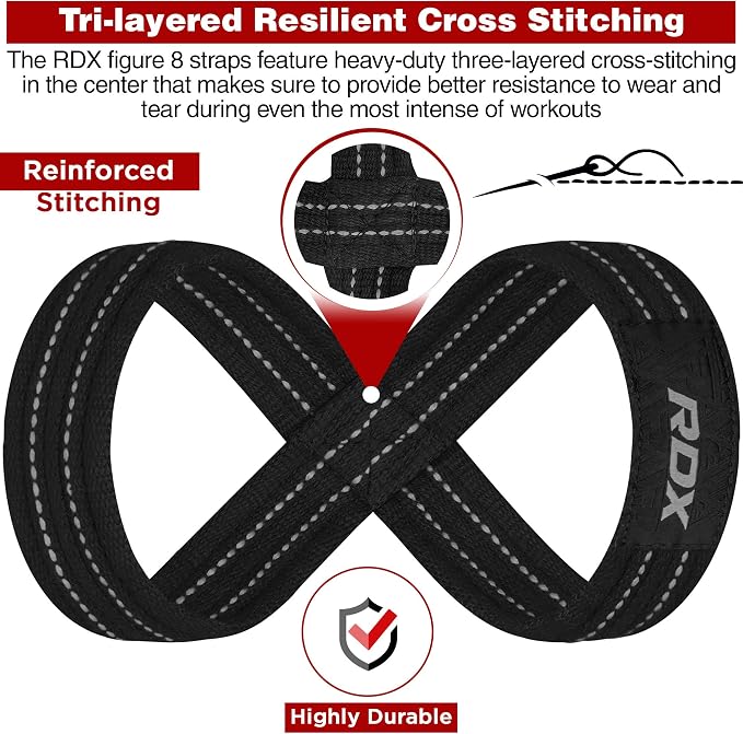 RDX Weight Lifting Straps Figure 8, Anti Slip Strap with Cuffs Wrist Support for Gym Workout Deadlift Powerlifting Bodybuilding Weightlifting, Fitness Strength Training, Hand Bar Grip for Men