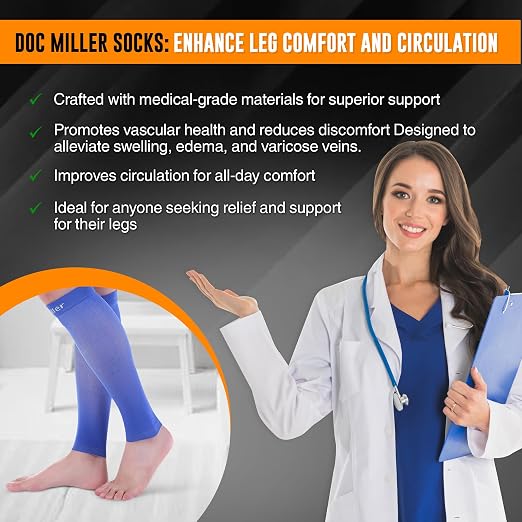 Doc Miller Calf Compression Sleeves 30-40 mmHg for Men & Women, 1 Pair | Knee High, Medical Grade, Footless Compression Socks, Shin Splints, Leg Swelling, Varicose Veins, Wide Calf, Nurses, Recovery
