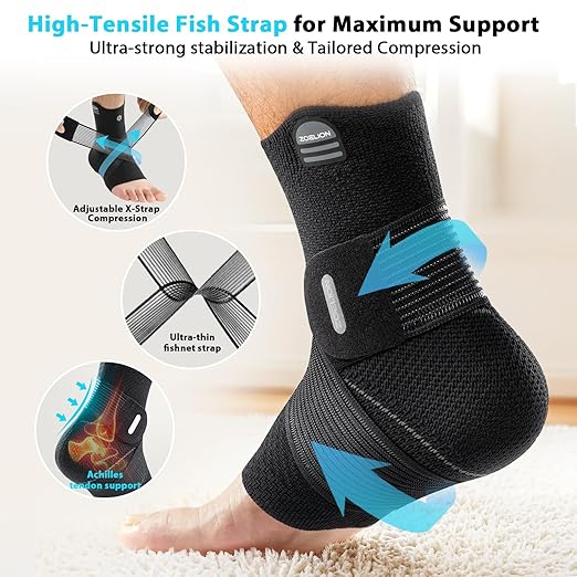 ZOELION Ankle Brace Compression Support with Removable Fishnet Strap, 3D Knit Plantar Fasciitis Relief Achilles Tendonitis Brace, Ankle Compression Sleeve for Pain Relief & Injury Healing, Black/XXL