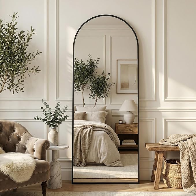 Suidia 58"x21" Arched Full Length Mirror with Stand, Full Body Mirror with Aluminum Frame, Freestanding/Leaning/Wall-Mounted, Floor Mirrors for Bedroom, Living Room, Entryway, Dressing Room, Black