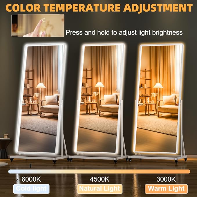 71"x24" LED Full Length Rolling Mirror 360° Rotate, Dimmable | Tempered glass & metal frame, 3-color dimmable lighting, swivel & lockable wheels, ideal for dance studio & cloakroom