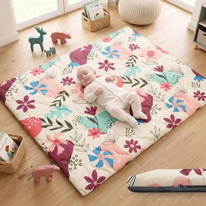 1.6" Thick Baby Play Mat, 71x59 Removable & Machine Washable Cover | Padded Memory Foam, Non-Slip Backing, 100% Baby-Safe Materials, Tummy Time Crawling, Outdoor, Bedroom, Living Room, Nursery
