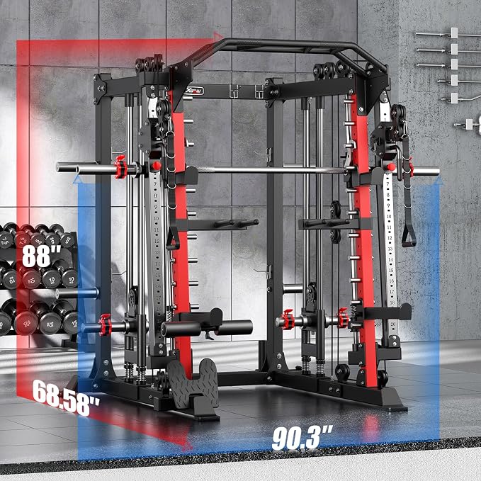 Smith Machine，Multi-Function Squat Rack Power Cage with Cable Crossover System,with Optional Weight Bench, Olympic Barbell Weight Set, for Home Gym