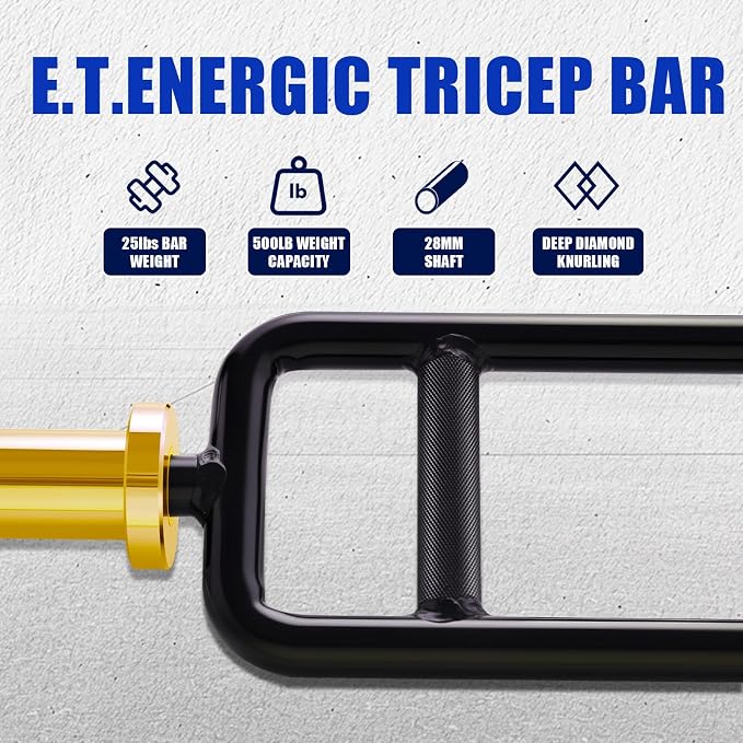 34” Hard Chrome Olympic Triceps Bar, 500LB | Neutral grip weight bar with knurled handles, rotating sleeves, 6.88-inch loadable length, and 2-inch plate fit