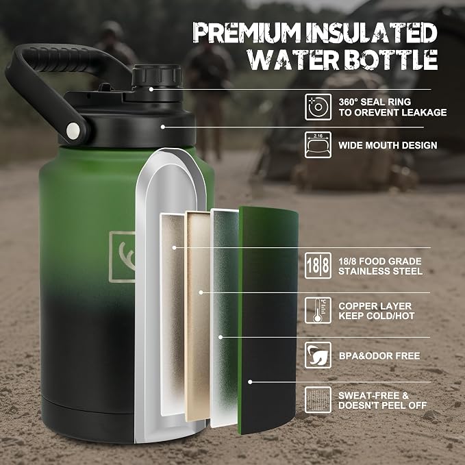 NATURE PIONEOR 128oz/1 Gallon Tactical Water Bottle with MOLLE Bottle Pouch | 18/8 Food-grade Stainless Steel, Double Vacuum Insulation, Wide-Mouth, Straw & Spout Lid, Strap, Camping, Hiking, Gym, Work