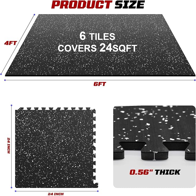 Interlocking Exercise Equipment Mats, 0.56" Thick 6 Tiles (24 Sq Ft) - Rubber Top Gym Flooring with High Density EVA Foam, Heavy Weight Workout Mats for Home GymFloor Protection,Black/White