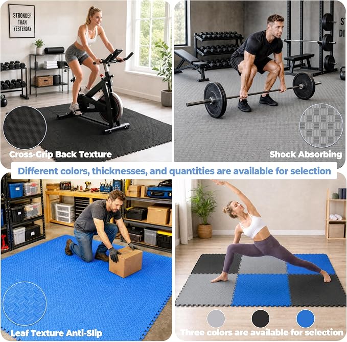 HulkFit Puzzle Exercise Mat, 1 Inch EVA Interlocking Foam Floor Tiles Workout Mat for Home Gym Equipment, MMA, Gymnastics, Shock-Absorbing Workout Mat for Garage Flooring and Apartments, 6 Tiles