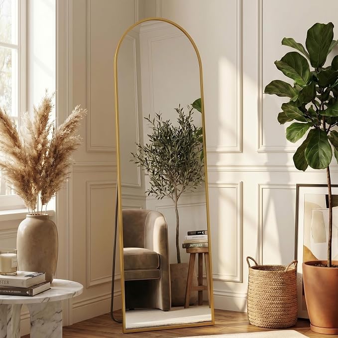 Suidia 56"x14" Arched Full Length Mirror with Stand, Full Body Mirror with Aluminum Frame, Freestanding/Leaning/Wall-Mounted, Floor Mirrors for Bedroom, LivingRoom, Entryway, Dressing Room,Gold