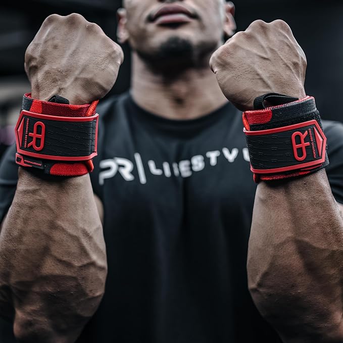 PR Personal Record Heavy Duty Premium Wrist Wraps, More Elasticity, Reinforced Stitching, Extra Wide Strap, Strong Thumb Loop, Larry Wheels Weightlifting Wraps