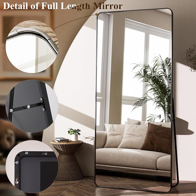 BEAUTYPEAK 76" x 34" Rounded Corner Full Length Mirror with Stand, Black | Aluminum Alloy Frame with Standing, Leaning, or Wall-Mounted, Ideal for Bedroom, Dressing Room, Entryway, and Living Room