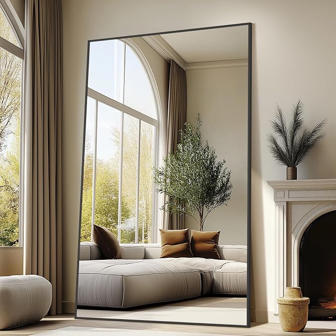 Mirrorons 72"x44" Oversized Black Full Length Mirror, Floor Standing or Wall Mounted with Hanging Kit, Shatterproof Tempered Glass Mirror for Living Room, Bedroom, Dressing Room, Gym