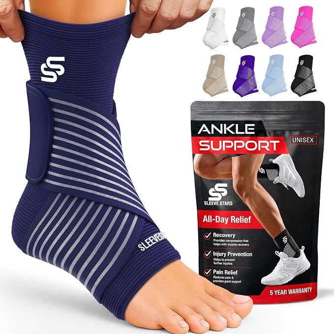 Sleeve Stars Ankle Brace for Women & Men, Ankle Wrap for Sprain, Compression Sleeve for Plantar Fasciitis Relief, Easy Customizable Support: w/ Removable Strap (Single/M:10"-12"/Navy Blue)