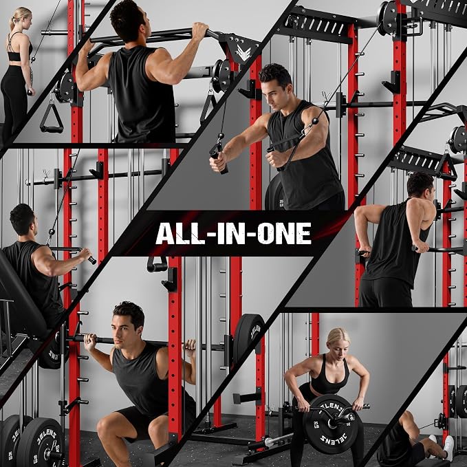 JELENS M21 Smith Machine, Multi-Function Power Cage with Dual Pulley Cable Crossover System, 2000LBS All-in-One Squat Rack with Smith Bar and Attachments for Home Gym