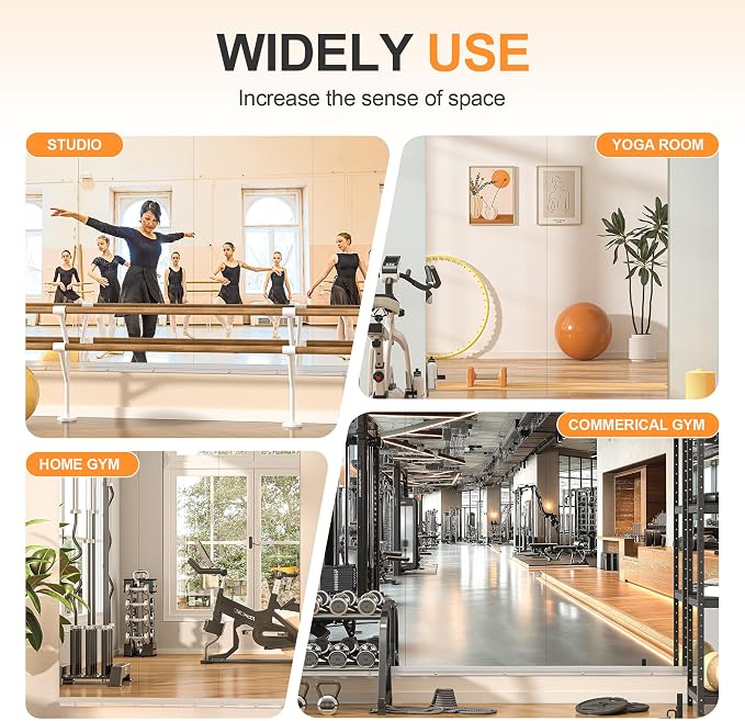 Hasipu Home Gym Mirror, 72"x36" Each, 1-Pack Frameless Wall Mounted Mirrors with Glass Clamps & 1 Aluminum Rail, Large Body Mirror for Home Gym, Yoga Studio, Bedroom, Silver Tempered Glass