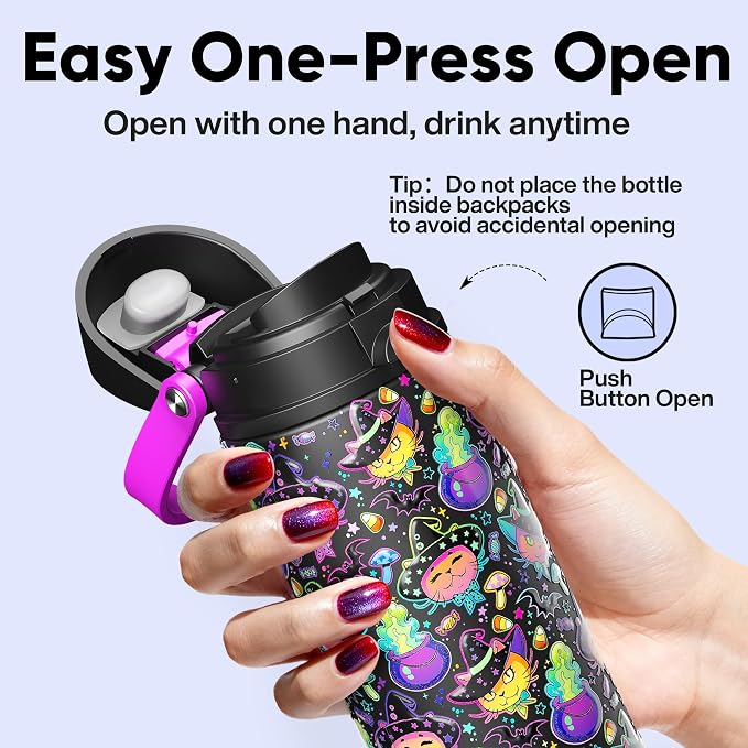 Insulated Water Bottle with Straw - Encool Stainless Steel Water Bottle with Push Button Lid, Leak-Proof & BPA-Free, Keeps Cold for 24 Hours for Sports, Travel, Gym (24 oz, Meowgic Night)
