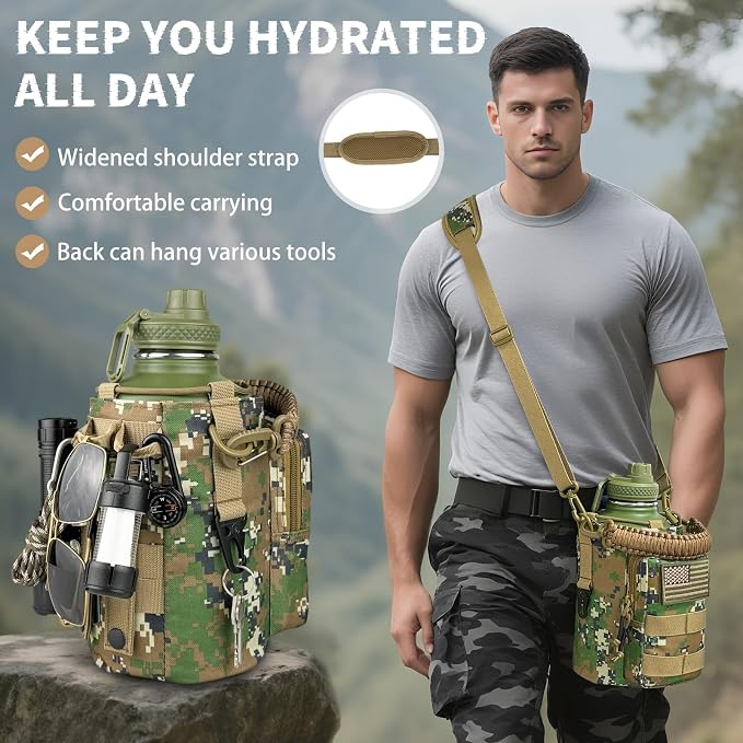 DEFUNX Half Gallon Water Bottle Insulated with Sleeve - Tactical 64 oz Stainless Steel Water Jug with MOLLE Water Bottle Pouch, Gym Water Bottles for Men Hiking Workout (Woodland Digital Camo)