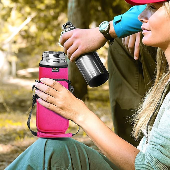Nuovoware Water Bottle Carrier Bag, 25oz/32oz, Plum Red | Adjustable Shoulder Hand Strap, 2 Pocket, Neoprene Sleeve, For Hiking Travelling Camping