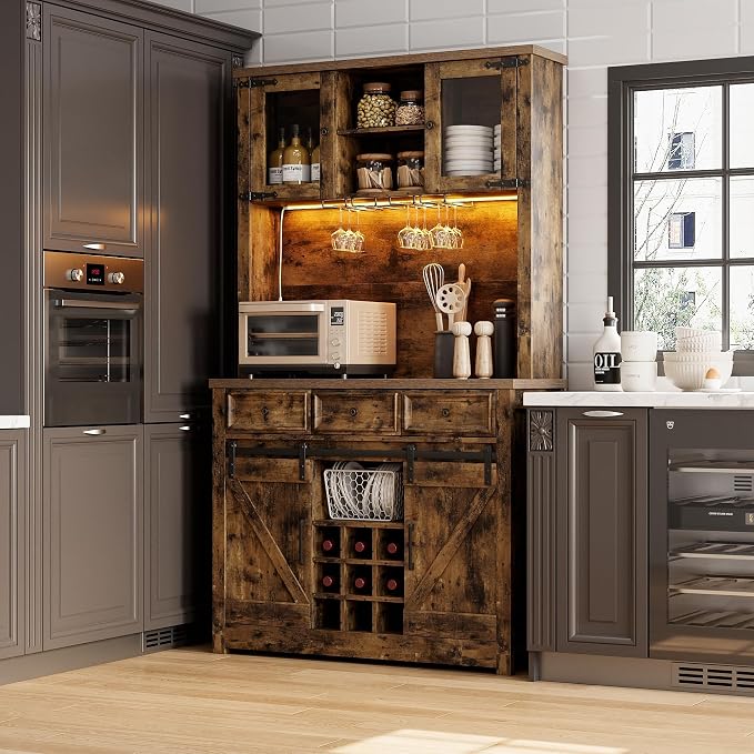 GarveeHome 72" Farmhouse Coffee Bar Cabinet with LED Lights & Power Outlets | Tall Kitchen Buffet Hutch with 3 Drawers & Wine Glass Rack, Sliding Barn Door, Ample Storage for Home Bar, Brown