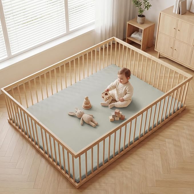 Huloo Sleep Baby Play Mat 74x50 Inches, 1.3" Thick Padded Waterproof Floor Cushion & Playpen Mat with Vegan Leather, Non-Slip & Non-Toxic Nursery Rug for Infants, Toddlers & Kids(Grey)