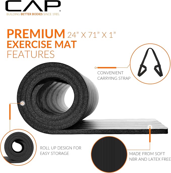 CAP Barbell 1-Inch High Density Exercise Yoga Mat with Strap | Multiple Colors