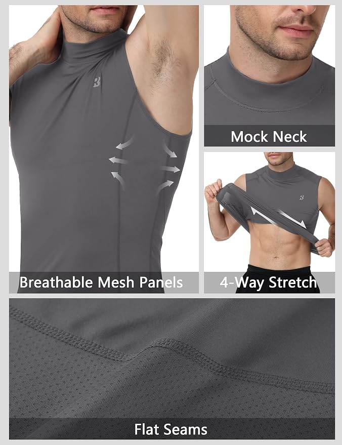 Roadbox Men's Compression Tank Top, Mock Turtleneck Sleeveless Shirt, Fitted Athletic Base Layer for Gym Workout